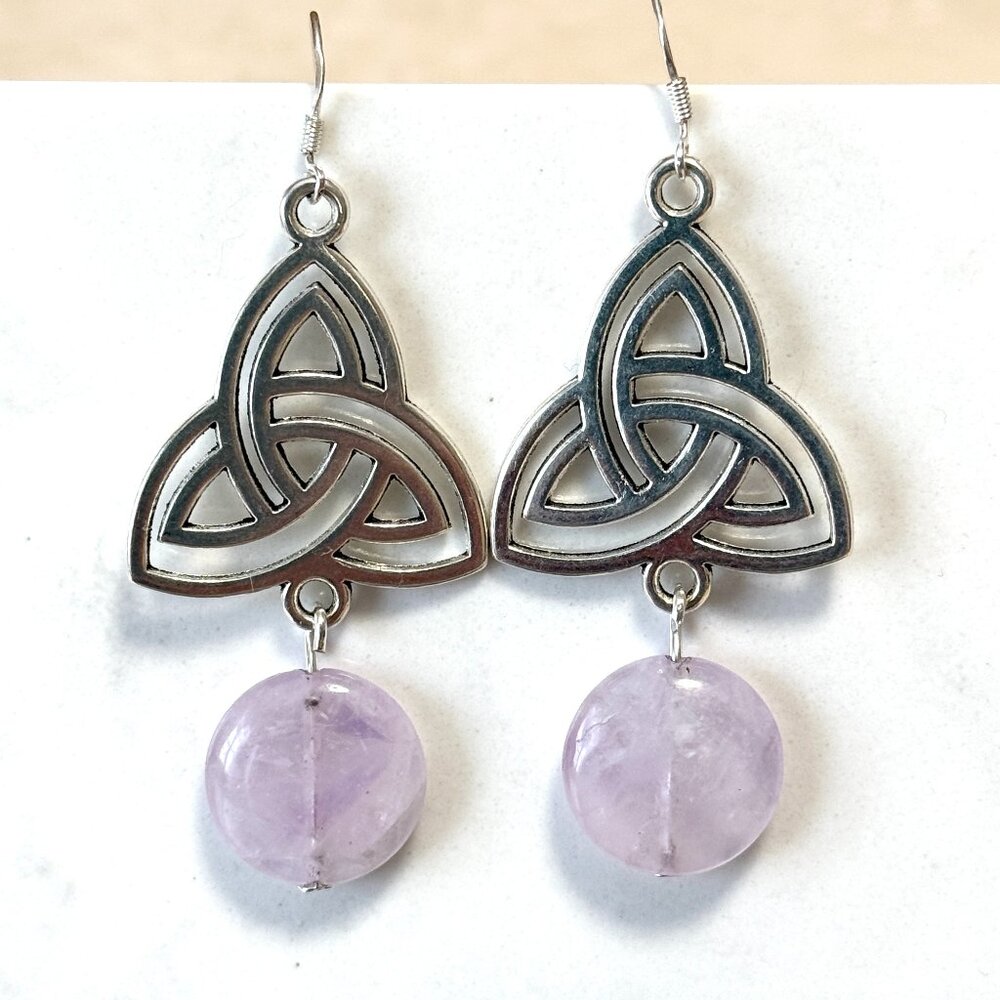 2/$20, Genuine Amethyst Triqueta Earrings, Gemstone & Sterling Silver Hooks